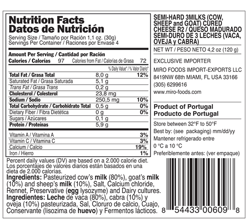 Semi-Hard 3 Milks Cheese R2(Cow, Sheep, Goat) 4.2Oz(120g)