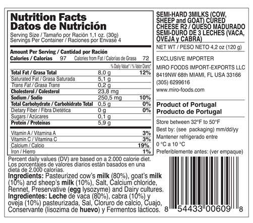 Semi Hard 3 Milks Cheese  (Cow, Sheep, Goat) 1,1Lbs(500g)